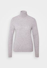 Ljusgrå långärmad polotröja med en mjuk, stickad textur, visad mot en enkel ljus bakgrund.