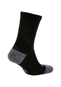 Calcetines negros con un diseño acanalado. Presentan un acento gris en la puntera y el talón. Están hechos de un material elástico para mayor comodidad y durabilidad.