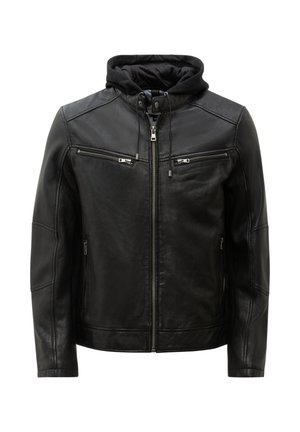 Sort læderjakke med lynlås foran, to brystlommer med lynlås, sidelommer og en fastmonteret sort hætte i stof med snore.