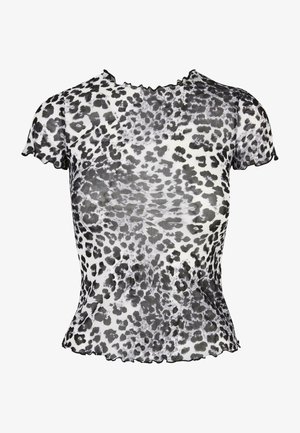 Durchsichtiges kurzärmliges Oberteil mit Schwarz-Weiß-Leopardenmuster, ausgestattet mit einem wellenförmigen Ausschnitt und Saum, aus leichtem Material gefertigt.