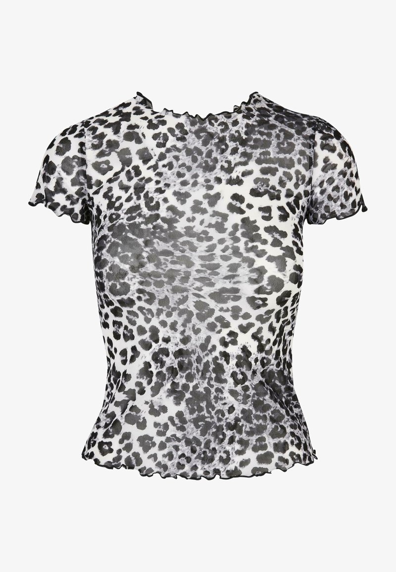 Sheer short-sleeve top with a black and white leopard print, featuring a scalloped neckline and hemline, made from lightweight fabric.