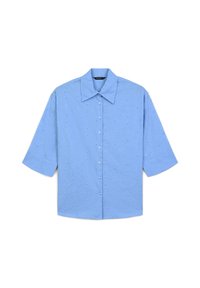 Blusa azzurro chiaro a maniche corte con bottoni, caratterizzata da motivi floreali ricamati a intaglio e un ampio colletto a punta.