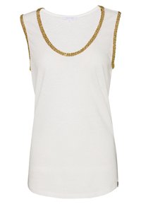 Top bianco senza maniche con scollatura arrotondata, caratterizzato da accenti in perle d'oro lungo la scollatura e le aperture delle maniche; tessuto morbido e liscio.