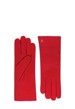 Pair of long red leather gloves, one showing palm side, the other showing back with small silver emblem near wrist.