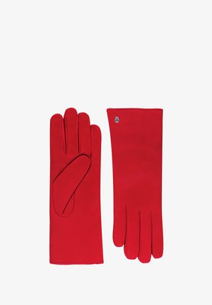 Ein Paar lange rote Lederhandschuhe, einer zeigt die Handinnenseite, der andere die Handrückseite mit einem kleinen silbernen Emblem in der Nähe des Handgelenks.