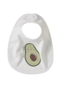 White baby bib with a smiling avocado illustration and the word "AVOCADO" printed beside it, fastened with a Velcro strap.