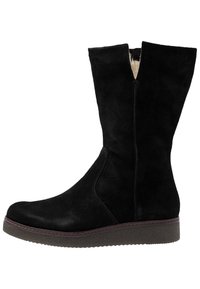 Black suede ankle boots with a smooth finish, featuring a side slit, rounded toe, and a textured rubber sole. Minimal stitching accents.