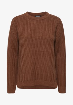 Pull en tricot marron à texture, avec un col rond, des manches longues et des poignets côtelés. Fabriqué en tissu tricoté présentant un motif en nid d'abeille.