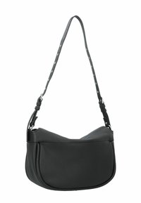 Borsa in pelle nera con forma curvata, tracolla regolabile con dettagli in metallo argentato e superficie texture.