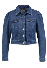Blå denimkorta jacka med puffärmar, knäppning fram med knappar, två bröstfickor med lucka och fransad nederkant.