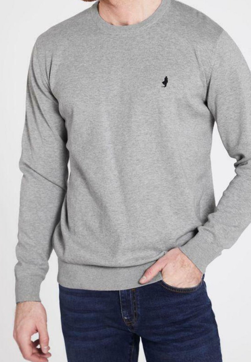 Maglione grigio in cotone con maniche lunghe, colletto e polsini a costine, caratterizzato da un piccolo logo nero sul lato sinistro del petto, abbinato a jeans blu.