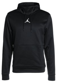 Sudadera con capucha negra, confeccionada en tela suave, que presenta un logo Jumpman blanco, cordones ajustables y un bolsillo tipo canguro en la parte frontal.