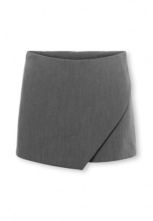 Jupe portefeuille asymétrique gris foncé avec une ceinture nette et un pan diagonal à l'avant sur fond blanc.