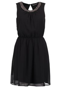 Robe noire sans manches avec une taille cintrée, une jupe fluide et un décolleté orné d'une touche de scintillement subtil. Détail en forme de goutte dans le dos.