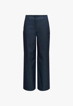 Pantalon large bleu marine, en tissu lisse. Il présente un devant plat, une fermeture à boutons et des passants de ceinture, avec un design épuré et ajusté.