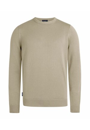 Beige long-sleeve crewneck sweater with ribbed cuffs, hem, and collar, labeled "Mr Marvis" on neck and side tag.