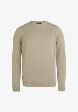 Pull beige à manches longues et col rond avec poignets, ourlet et col côtelés, étiqueté "Mr Marvis" sur le cou et une étiquette latérale.