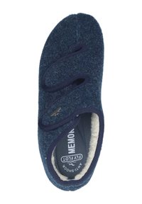 Navy blue slipper made of textured wool with a plush interior. Features elastic loops and contrasting dark blue trim. Rubber sole.