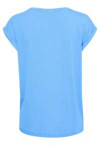 Blå kortärmad T-shirt med avslappnad passform, rund halsringning och detaljer med rullade ärmslut. Mjuk tygtextur och slät yta.