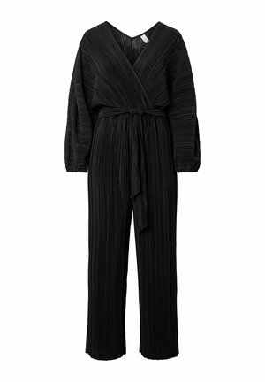 Sort plisseret jumpsuit med V-hals, lange ballonærmer og et bundet bælte i taljen. Glat tekstur med en hel længde silhuet.