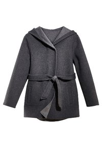 Grå frakke i uldblanding med h�ætte, bindebånd i taljen og to forlommer. Blød tekstur og løs pasform med klassisk sjalskrave.