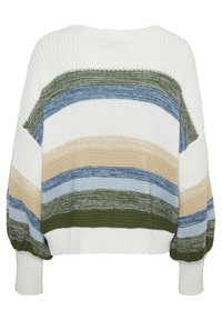 Jersey de punto con rayas horizontales en blanco, verde, azul y beige. Mangas anchas y un corte holgado con un diseño texturizado y acanalado.