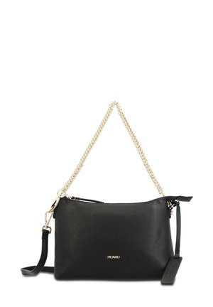 Black leather handbag with a textured surface and gold hardware. Features a chain strap and a detachable leather tag for added detail.
