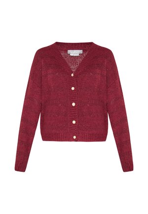 Cardigan tricotat burgund, cu decolteu în V, mâneci lungi și șase nasturi din perlă pe față. Model texturat pe întreaga țesătură.