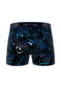 Boxer shorts noirs avec des motifs géométriques bleus et blancs, avec une ceinture marine affichant le logo "Umbro". Texture de tissu lisse.