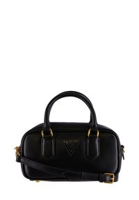 Borsa a mano in pelle nera con hardware dorato, forma strutturata, due manici superiori e tracolla regolabile. Presenta un dettaglio con logo impresso.