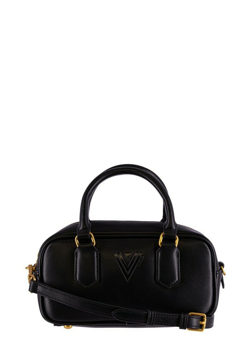 Borsa a mano in pelle nera con hardware dorato, forma strutturata, due manici superiori e tracolla regolabile. Presenta un dettaglio con logo impresso.