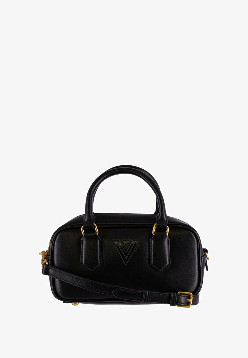 Borsa a mano in pelle nera con hardware dorato, forma strutturata, due manici superiori e tracolla regolabile. Presenta un dettaglio con logo impresso.