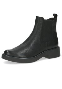 Black leather ankle boot with textured finish, elastic side panels, rounded toe, and black rubber sole featuring a slight heel.
