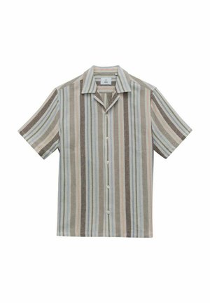 Kortärmad skjorta med knappar och vertikala ränder i beige, blå och bruna nyanser. Tillverkad av strukturerad tyg med spetsig krage.