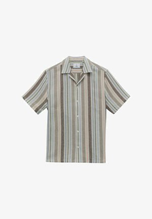 Lyhythihainen nappipaita, jonka vaaleissa, sinisissä ja ruskeissa sävyissä on pystysuoria raidoituksia. Valmistettu teksturoidusta kankaasta, jossa on terävä kaulus.