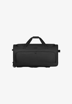 Borsa da viaggio nera con ruote, dotata di manici doppi, tasca frontale con zip e etichetta del marchio al centro in alto.