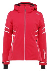 Veste à capuche rouge zippée avec des bandes réfléchissantes blanches sur les manches, des poches zippées et des poignets intérieurs noirs.