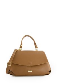 Brown leather handbag with a structured design, featuring a top handle and detachable shoulder strap. Gold hardware accents and a fold-over flap.