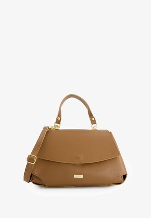 Brown leather handbag with a structured design, featuring a top handle and detachable shoulder strap. Gold hardware accents and a fold-over flap.