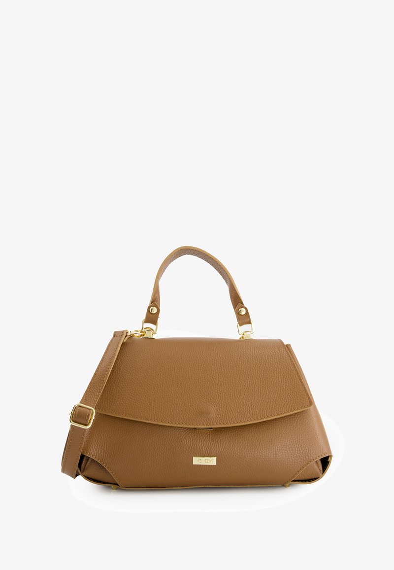 Sac à main en cuir marron à la structure élégante, doté d'une poignée supérieure et d'une bandoulière amovible. Accents en doré et rabat repliable.