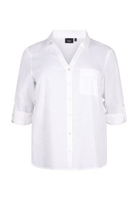 Camicia bianca con bottoni realizzata in tessuto leggero, caratterizzata da un colletto a V, maniche a tre quarti, una tasca sul petto e una vestibilità ampia.