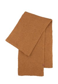 Bruine geribbelde gebreide sjaal met een zachte textuur, met scherpe randen en een klein logo-label aan één uiteinde.