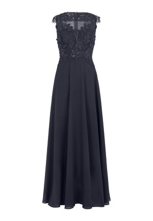 Robe de soirée bleu marine sans manches avec corsage en dentelle florale et perlée, partie supérieure du buste transparente, et jupe fluide en chiffon.