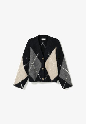 Mustast, hallist ja beežist argyle-mustriga nööbitav kardigan, millel on pikad varrukad ja V-kaelus.
