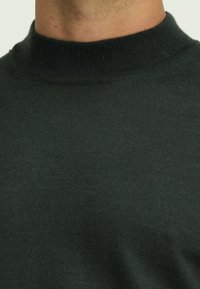 Dunkelgrüner hochkragiger Pullover, gerippte Textur, taillierte Form, weiches Material, Nahaufnahme des Halsbereichs, minimale Details, keine Muster oder Akzente.