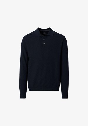 Marineblauer Polo-Pullover mit langen Ärmeln, geripptem Saum und Kragen mit Drei-Knopf-Leiste.