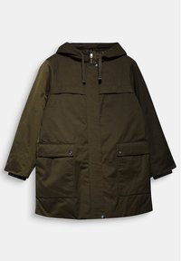 Parka verde oliva con capucha, cierre de cremallera, dos bolsillos frontales y cuerdas ajustables. Textura suave y corte holgado.