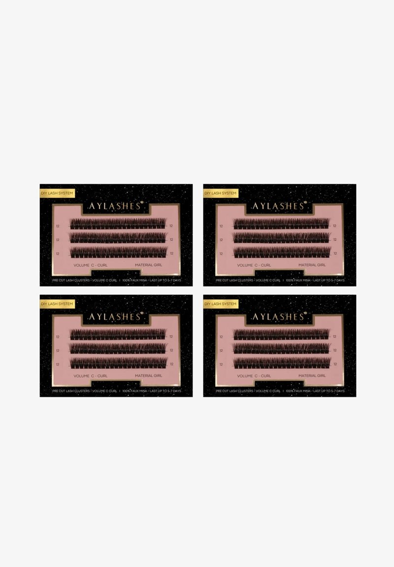 Four lash trays featuring pre-cut clusters, black faux mink material, C-curl design, labeled "Volume C-Curl" and "Material Girl."