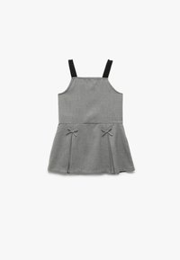 Harmaa hihaton mekko mustilla harteilla, jossa on kaksi etubowia ja levenevä helma. Valmistettu tekstuurista kankaasta, jossa on hienovaraisia kuvioita.