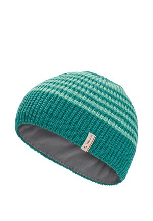 Grün und hellgrün gestreifte, gestrickte Mütze mit grauem Fleecefutter und kleinem Logoetikett an der Seite.